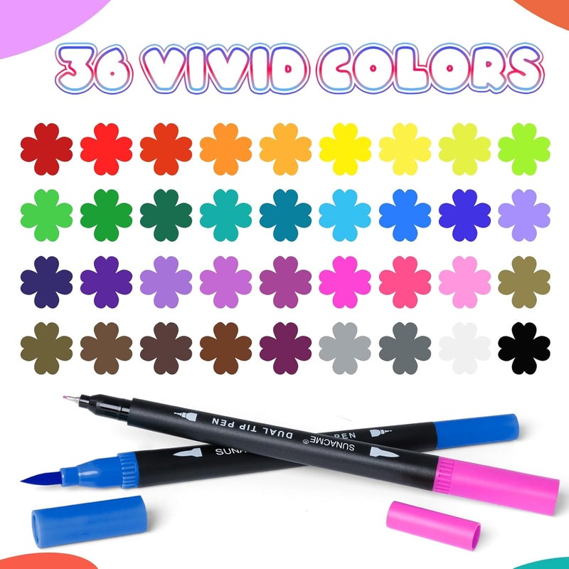 sunacme 36 Colors Dual Brush Marker Pens, Art Marker Set with Brush and Fineliner Tip for Adults Coloring Books, Journaling, Note Taking - Image 3